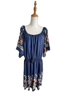 ANA ROSE Womens 1X Dress Navy Blue Embroidered Floral Boho Peasant Comfy Lined